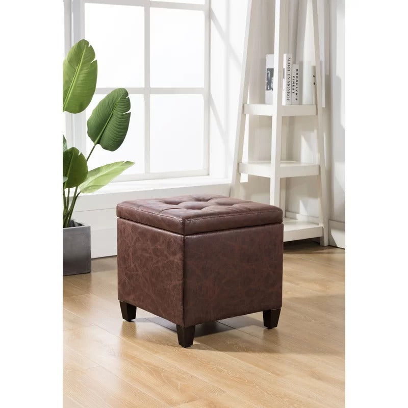 Storage Ottomans: 17.5'' Wide Faux Leather Tufted Square Storage Ottoman with Storage