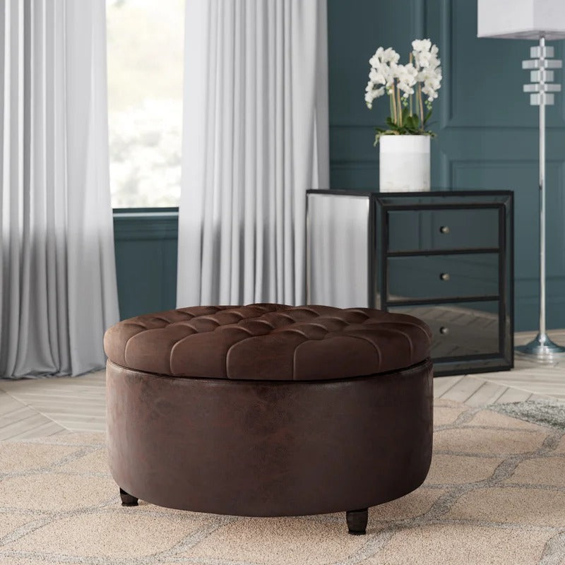 Storage Ottomans 28'' Wide Faux Leather Round Storage Ottoman with Storage