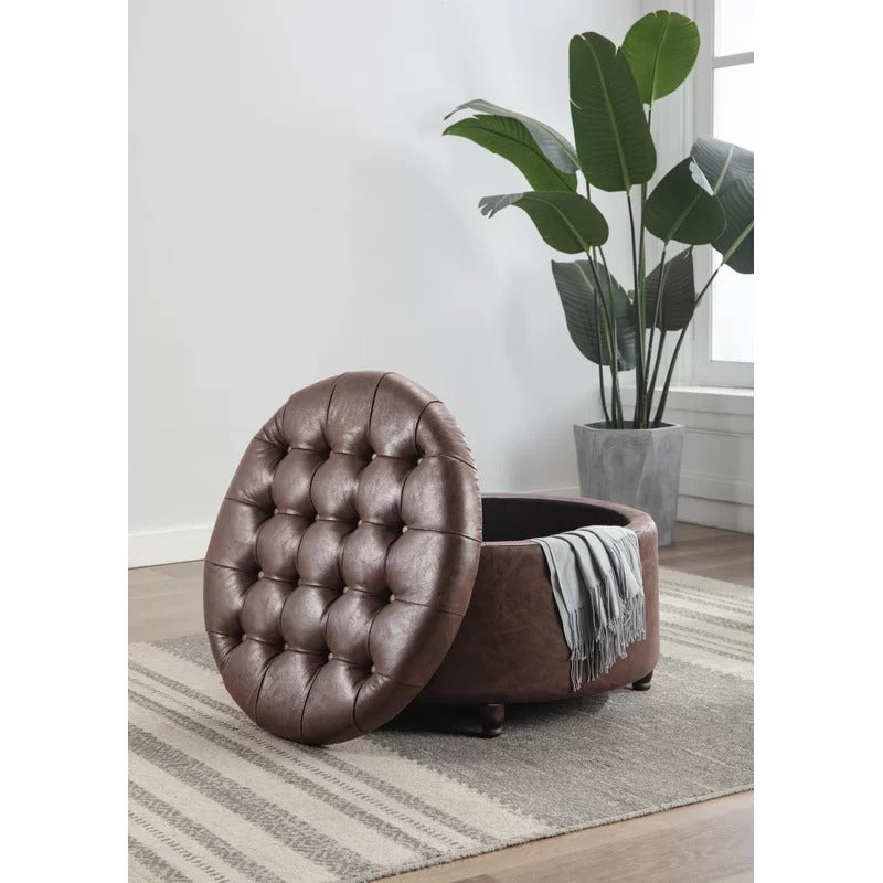 Storage Ottomans 28'' Wide Faux Leather Round Storage Ottoman with Storage