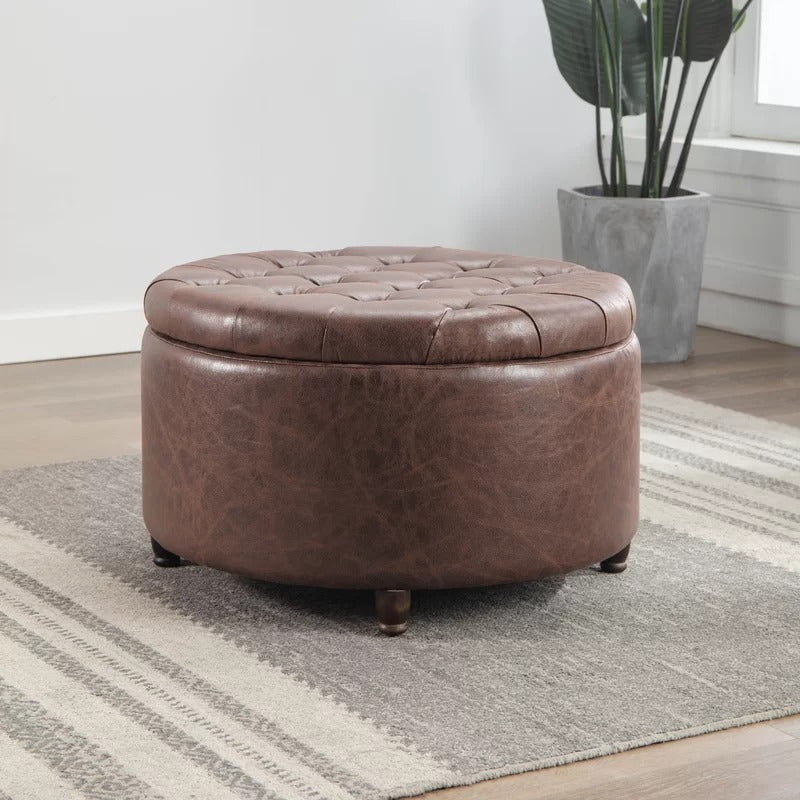 Storage Ottomans 28'' Wide Faux Leather Round Storage Ottoman with Storage