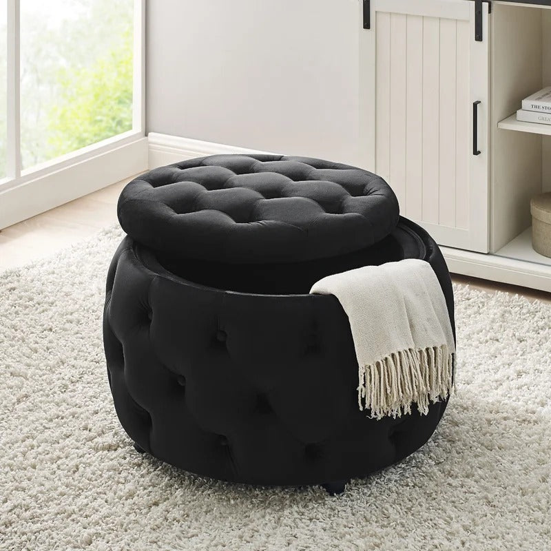 Storage Ottomans: 28'' Wide Velvet Tufted Round Storage Ottoman with Storage