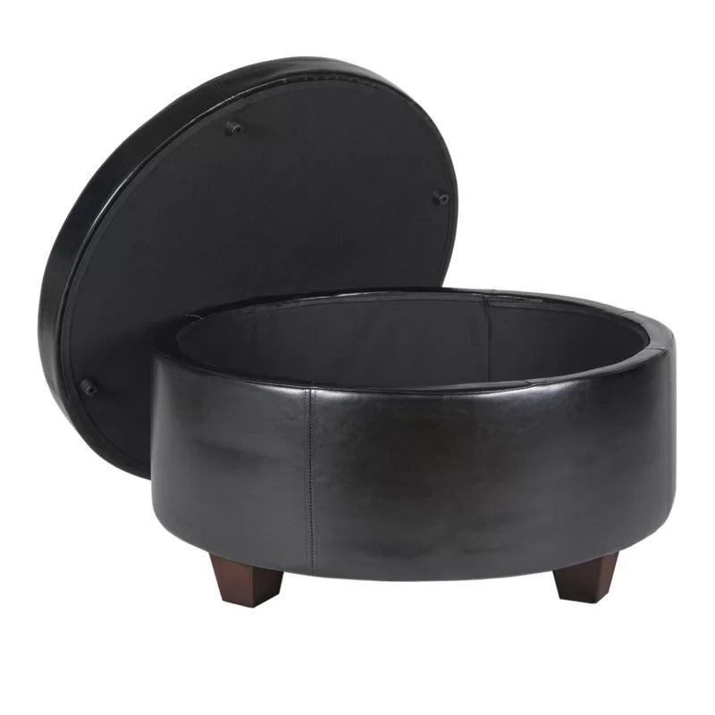 Storage Ottomans: 31.75'' Wide Faux Leather Tufted Round Storage Ottoman with Storage