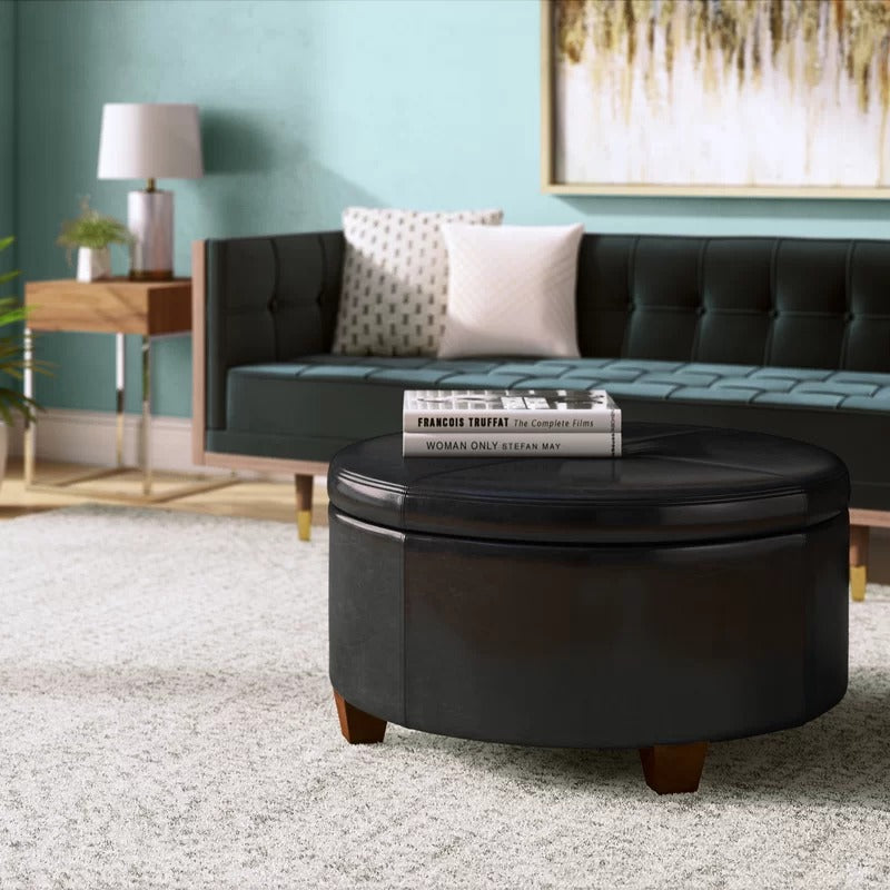 Storage Ottomans: 31.75'' Wide Faux Leather Tufted Round Storage Ottoman with Storage
