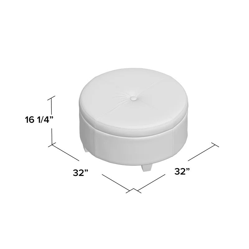 Storage Ottomans: 31.75'' Wide Faux Leather Tufted Round Storage Ottoman with Storage