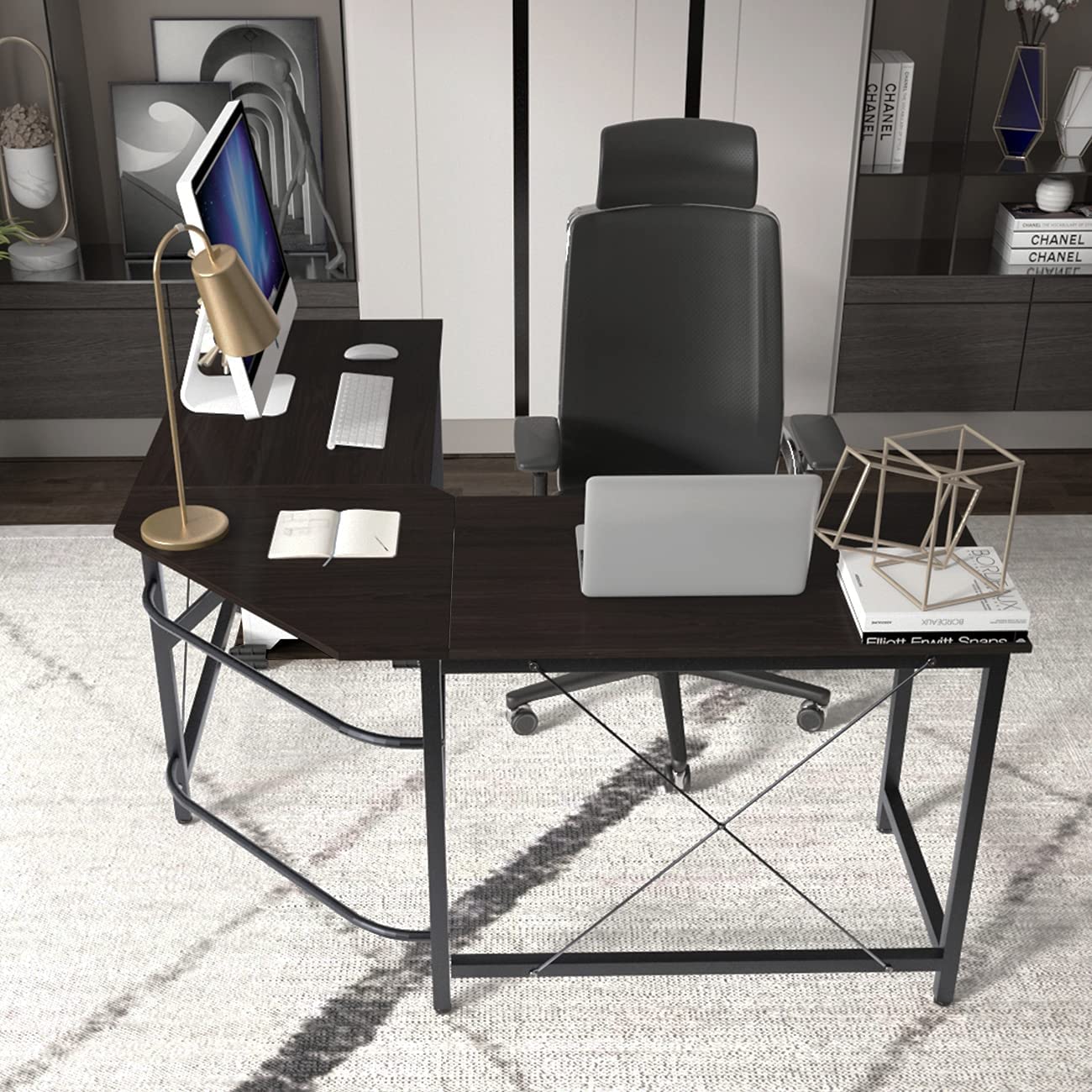 Study Table : L Desk Office Desk Workstation Desk Corner Desk, Black