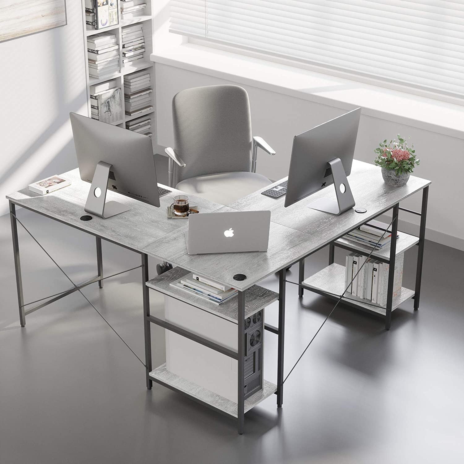 Study Table: L Shaped Reversible Computer Desk with Shelves