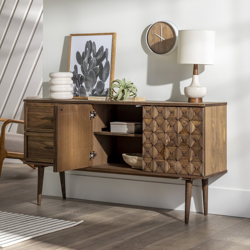 TV Console: 58'' Wide 2 Drawer Pine Solid Wood Sideboard