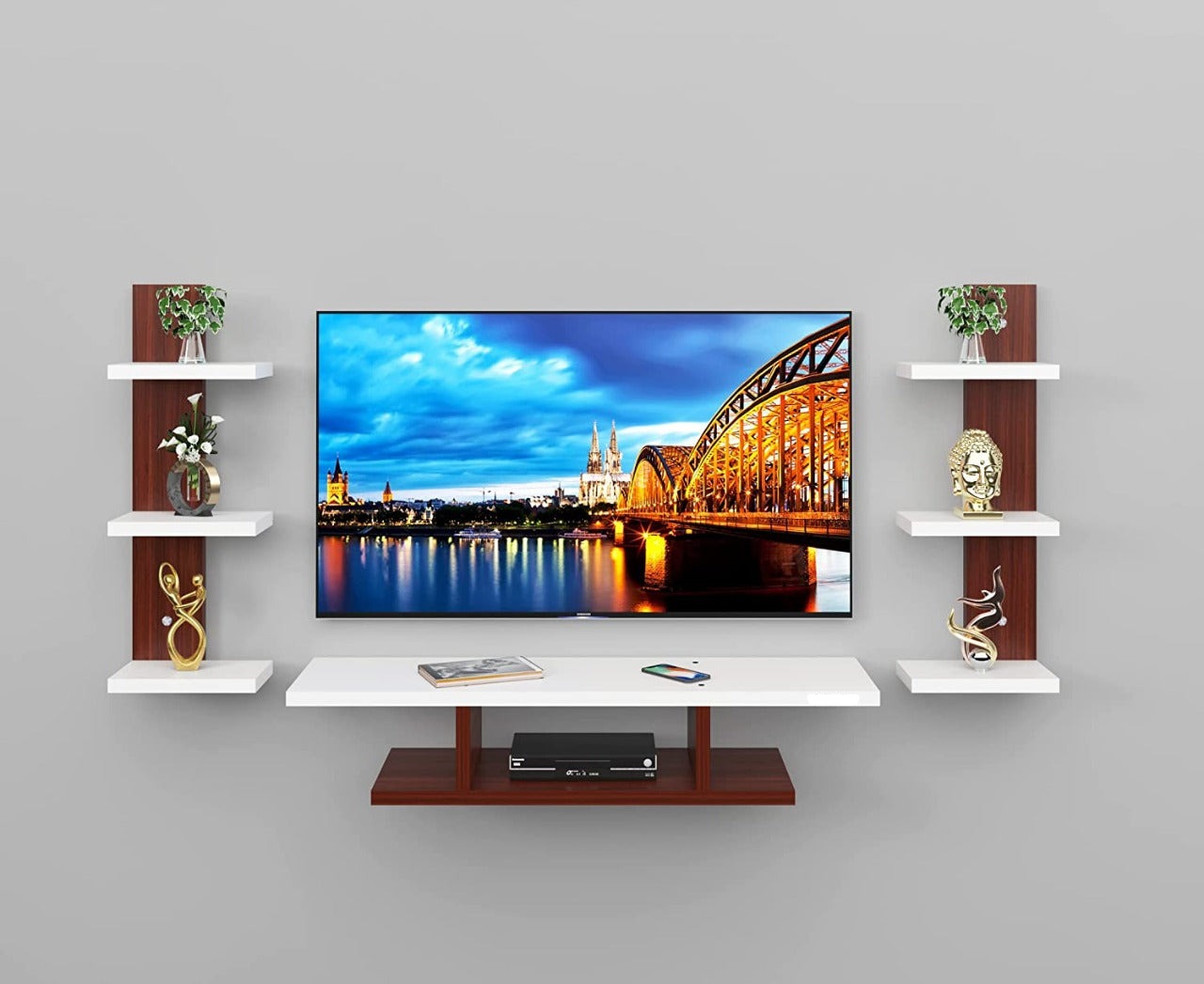 Wall Mount TV Unit: TV Entertainment Unit Walnut & White
