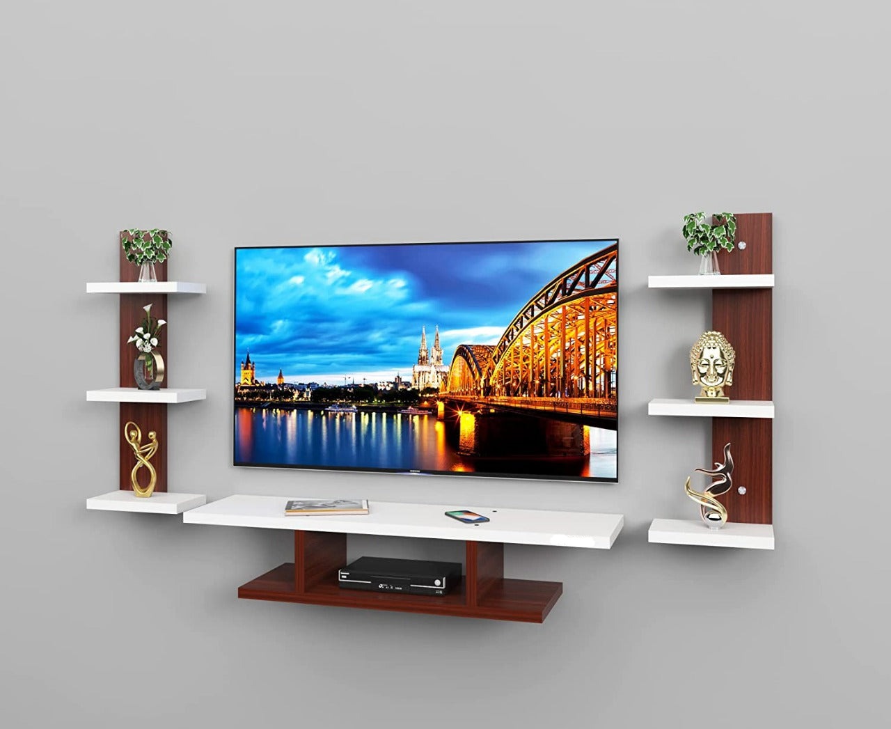 Wall Mount TV Unit: TV Entertainment Unit Walnut & White