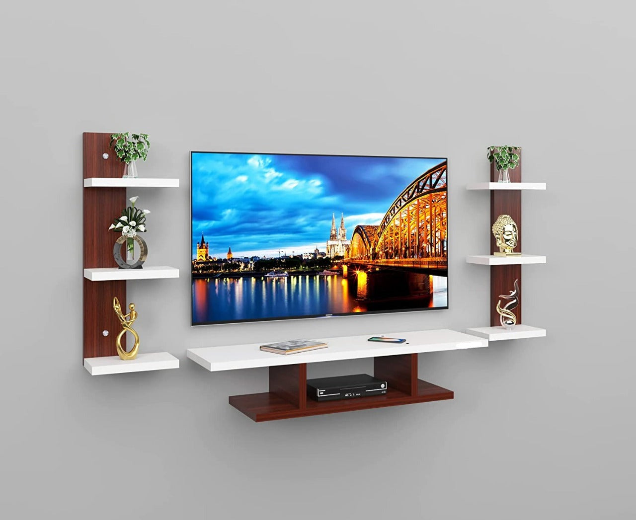 Wall Mount TV Unit: TV Entertainment Unit Walnut & White