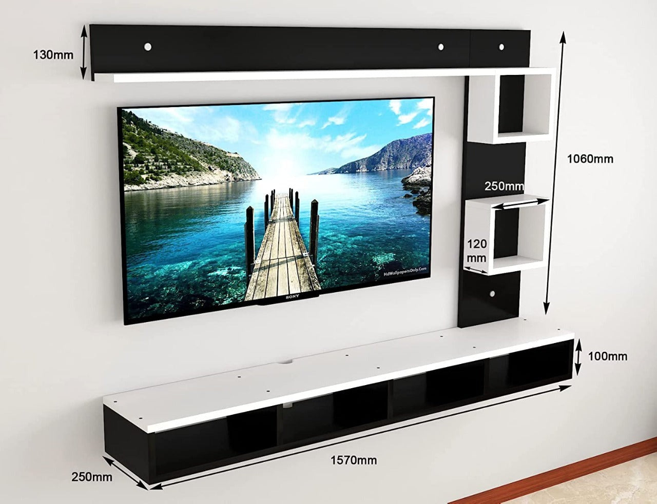 Wall Mount TV Unit: TV Entertainment Unit with Set Top Box Stand (Ideal for up to 55" screen)