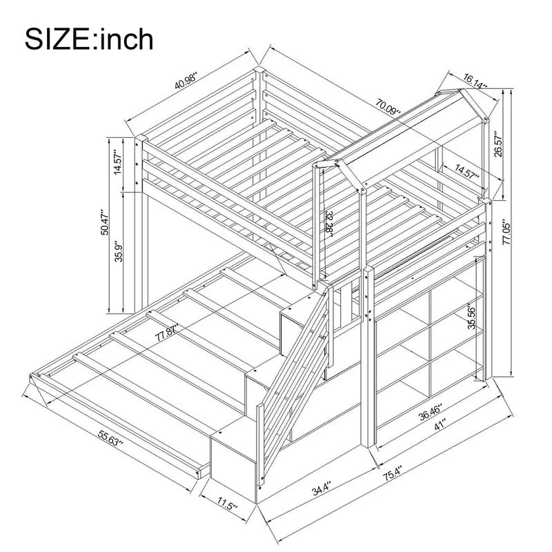 Bunk Bed: Twin Over Full House Roof Bunk Bed With Staircase And Shelves
