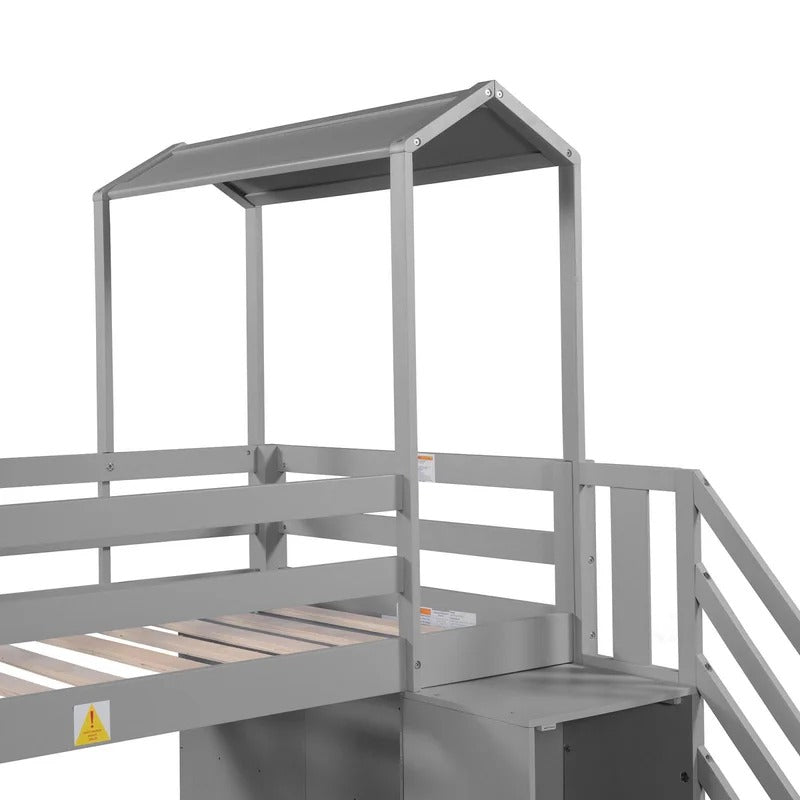 Bunk Bed: Twin Over Full House Roof Bunk Bed With Staircase And Shelves