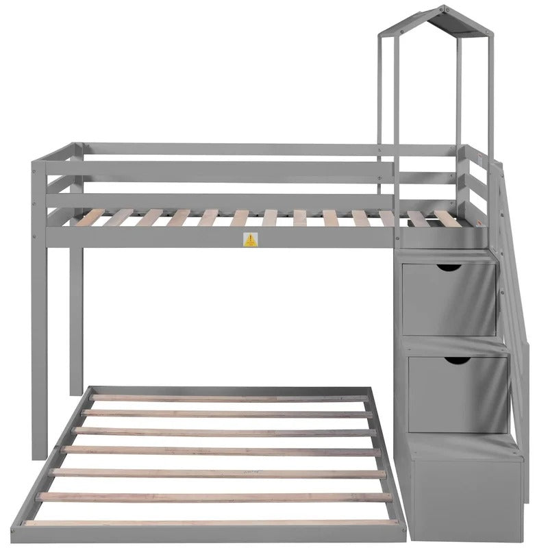 Bunk Bed: Twin Over Full House Roof Bunk Bed With Staircase And Shelves