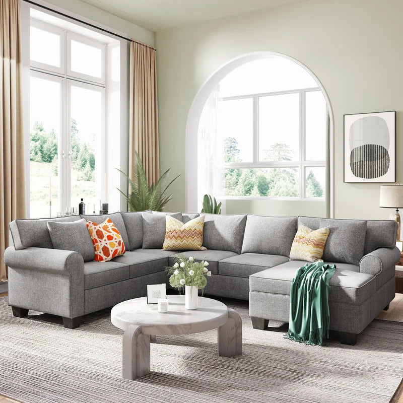 U Shape Sofa Set: 113" Rolled Arm Chesterfield Sectional 7 Seater Sofa