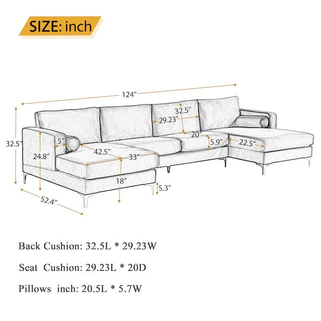 U Shape Sofa Set 124 Wide Velvet Symmetrical 6 Seater Sofa