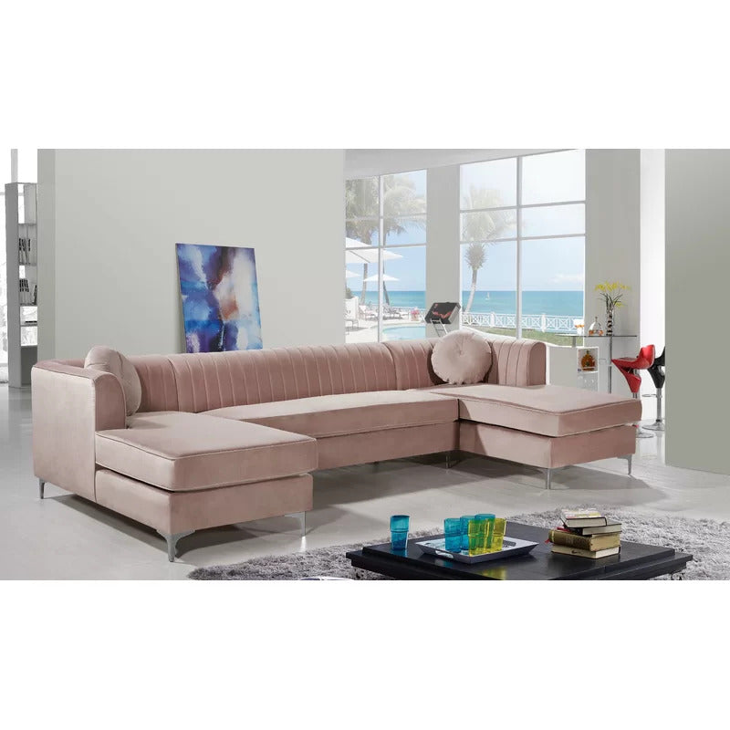 L Shape Sofa Set: 132" Wide Velvet Symmetrical Modular 6 Seater Sofa