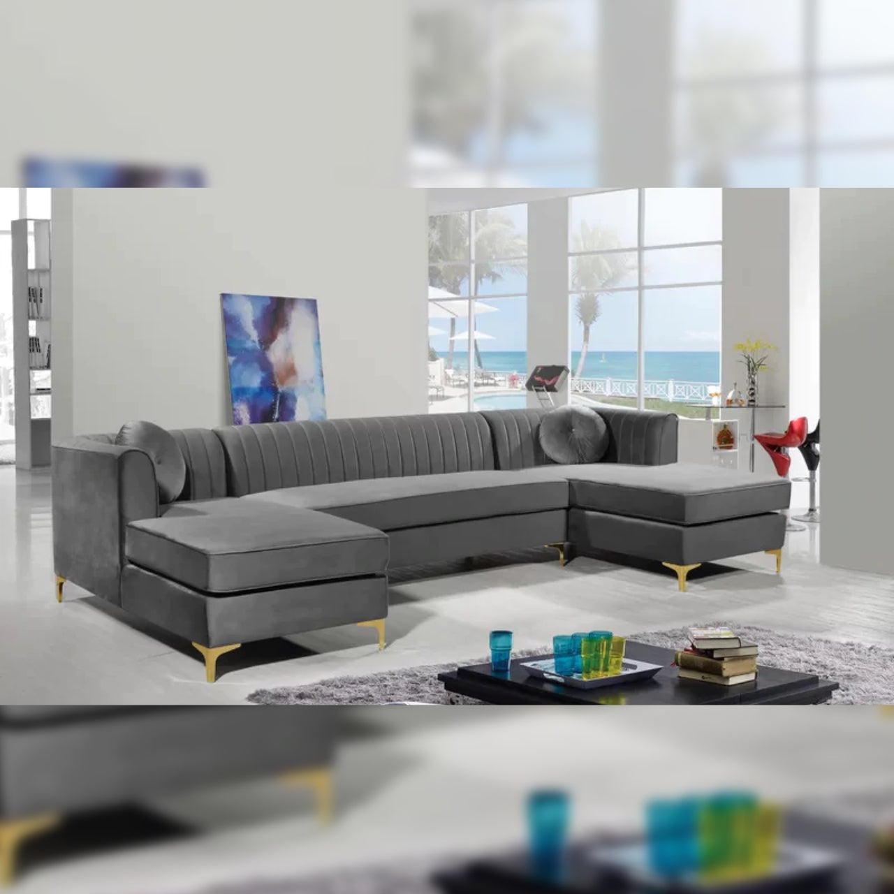 U Shape Sofa Set 132 Wide Velvet Symmetrical Modular 6 Seater Sofa