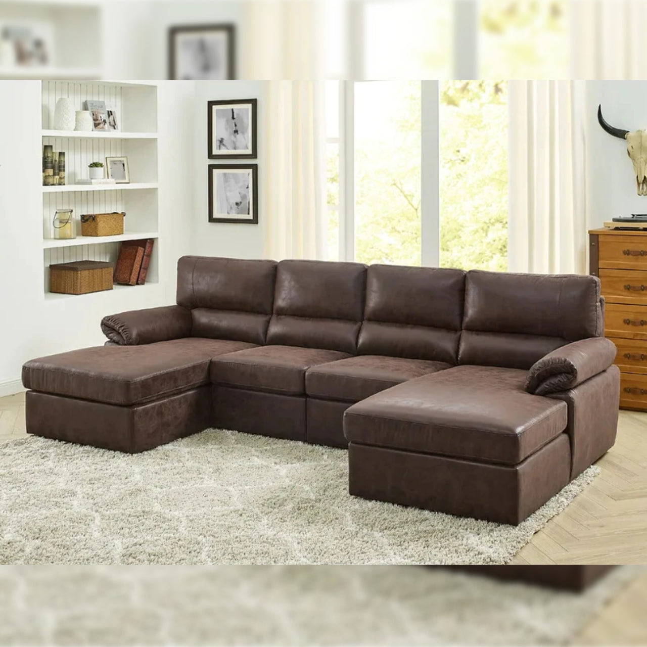 U Shape Sofa Set: 4 Seater 122" Faux Leatherette Sectional Sofa