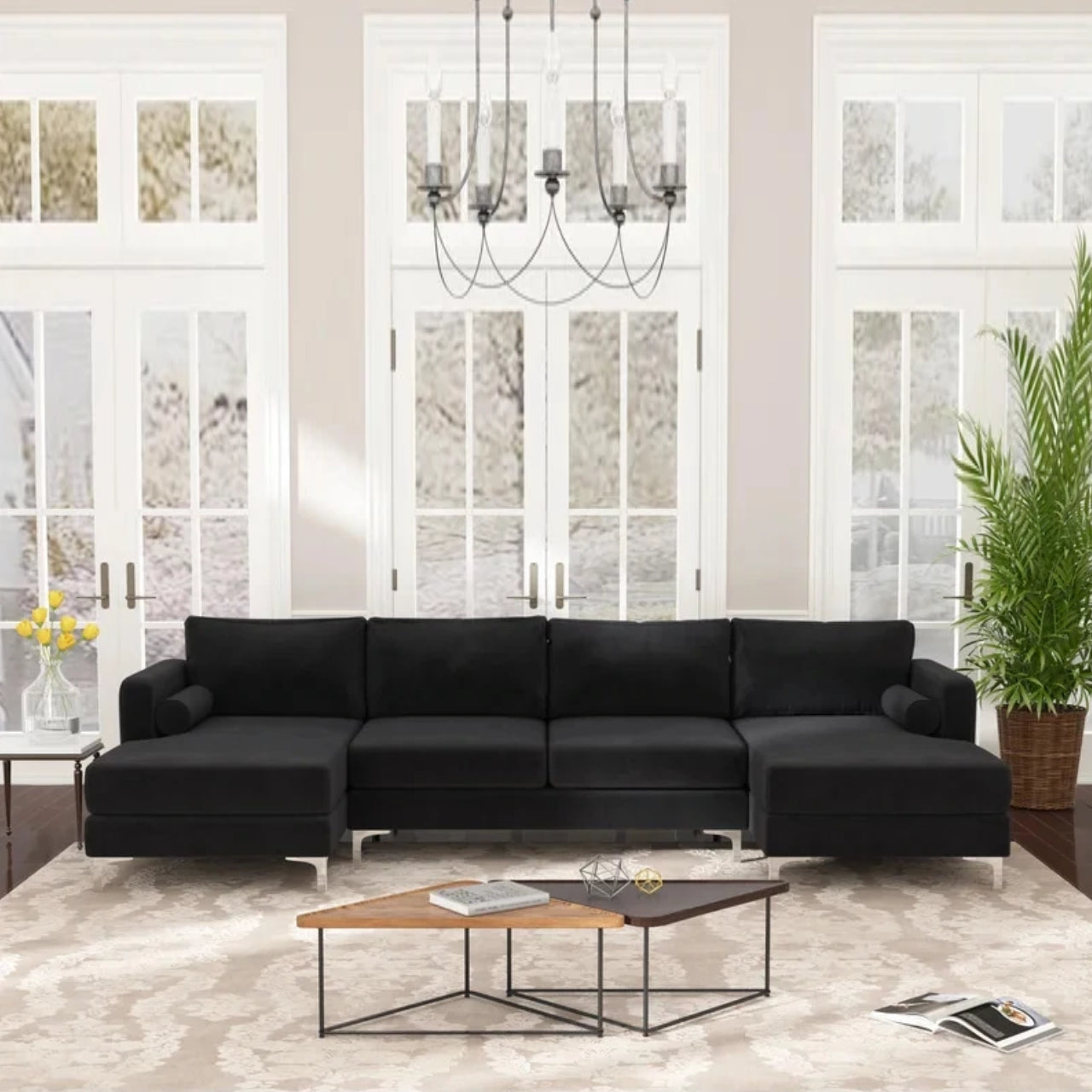 U Shape Sofa Set 4 Seater Velvet Fabric Sectional Sofa Set