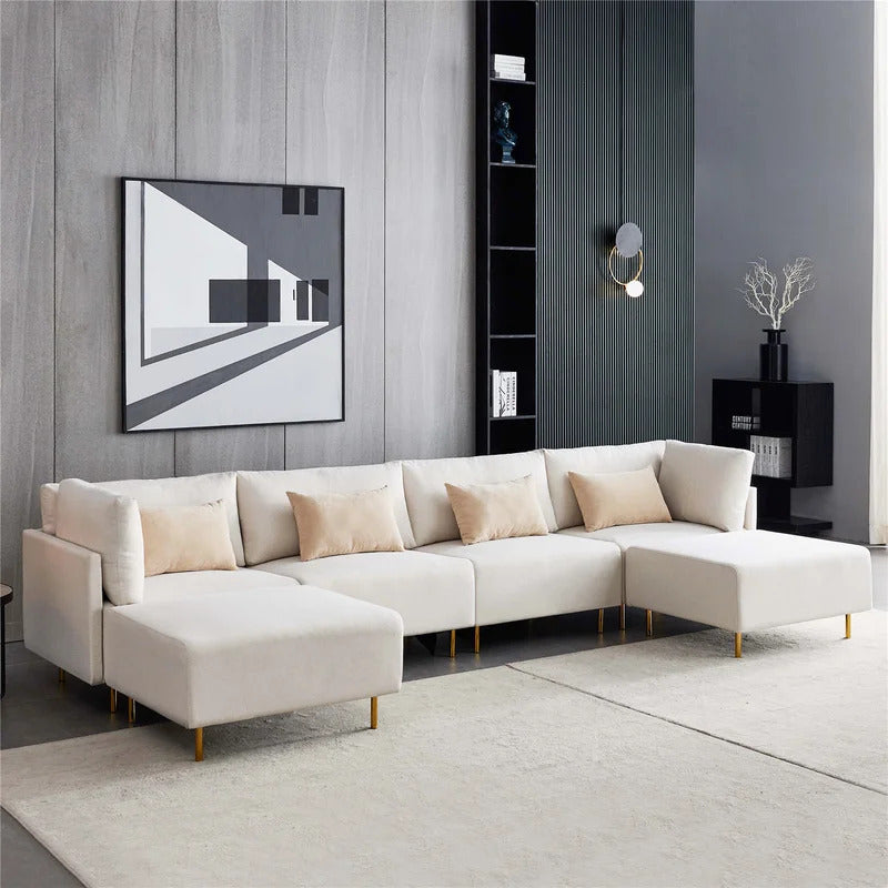 U Shape Sofa Set: 6 Seater Fabric Sectional Sofa Upholstered Couch
