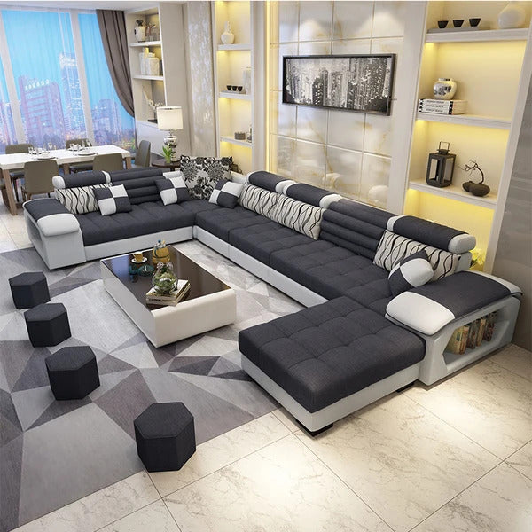 U Shape Sofa Set:- 9 Seater Fabric Premium Furniture Sofa Set with Center & 4 Puffies