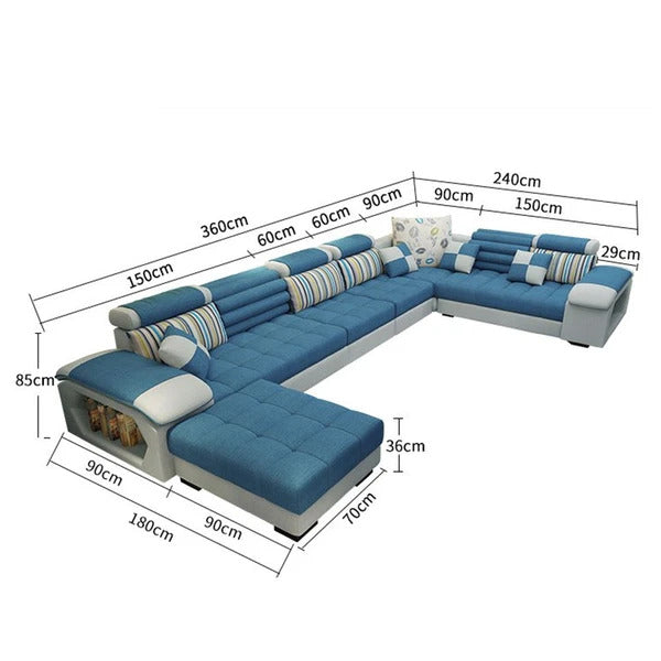 U Shape Sofa Set:- 9 Seater Fabric Premium Furniture Sofa Set with Center & 4 Puffies
