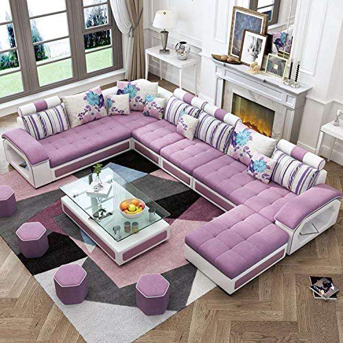 U Shape Sofa Set: Hardwood, Fabric 9 Seater Sofa Set with 4-Puffy