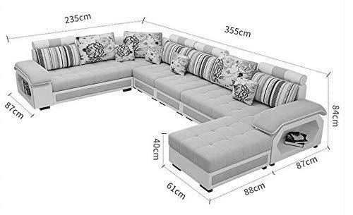 U Shape Sofa Set Hardwood, Fabric 9 Seater Sofa Set with 4-Puffy (Roland Silver and Brown)