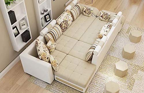 U Shape Sofa Set Hardwood and Fabric 9 Seater Sofa Set with 4-Puffies (Roland Beige and White)