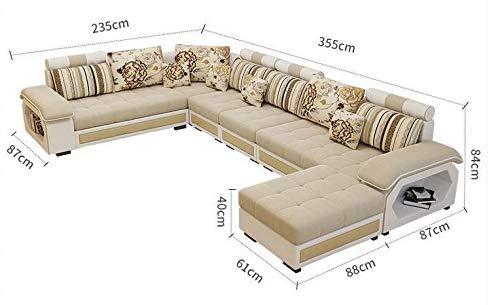 U Shape Sofa Set Hardwood and Fabric 9 Seater Sofa Set with 4-Puffies (Roland Beige and White)