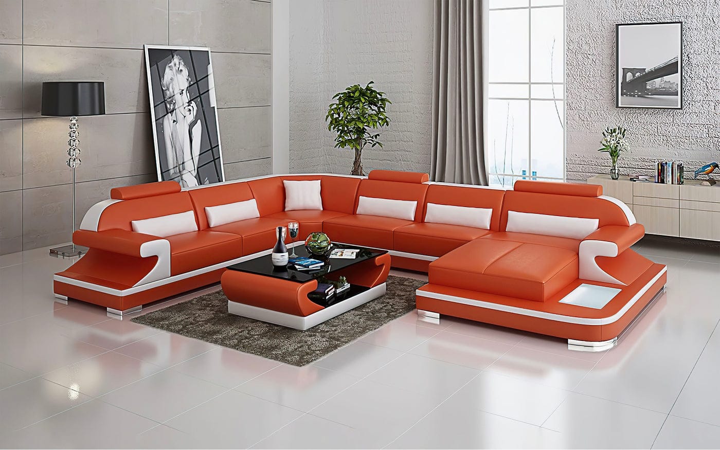 U Shape Sofa Set Leatherette and Hardwood