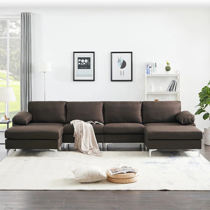 U Shape Sofa Set : Sectional Sofa Brown Linen Fabric