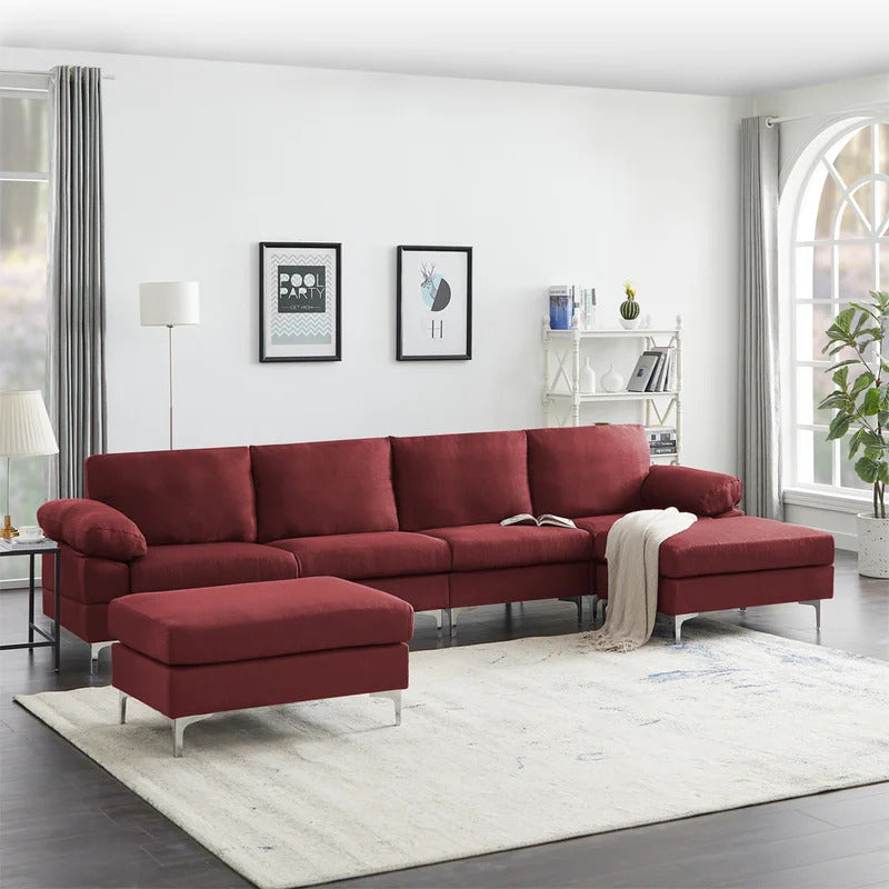 U Shape Sofa Set : Sectional Sofa Brown Linen Fabric