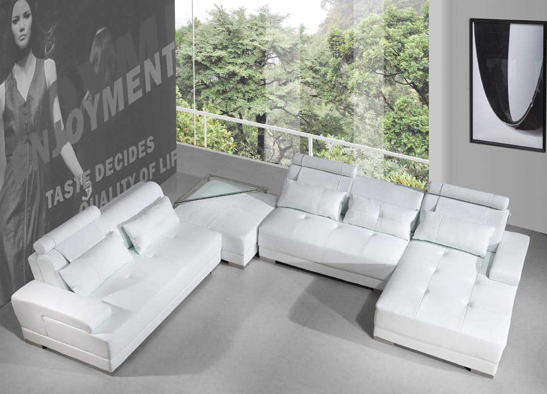 U Shape Sofa Set: White Ottoman Leatherette Sectional Sofa Set