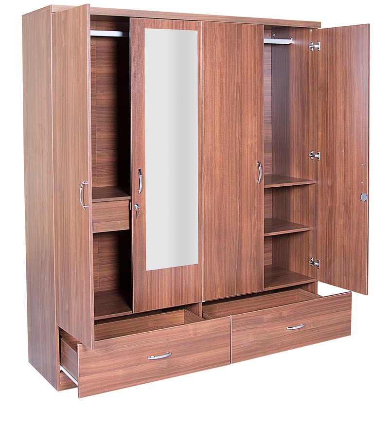 Wardrobe: Walnut Colour with Ultima Four Door Wardrobe With Mirror