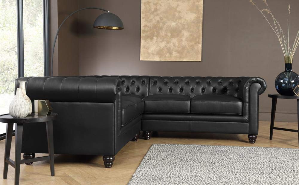 L Shape Sofa Set:- Chesterfield Corner Leatherette Sofa Set (Black)