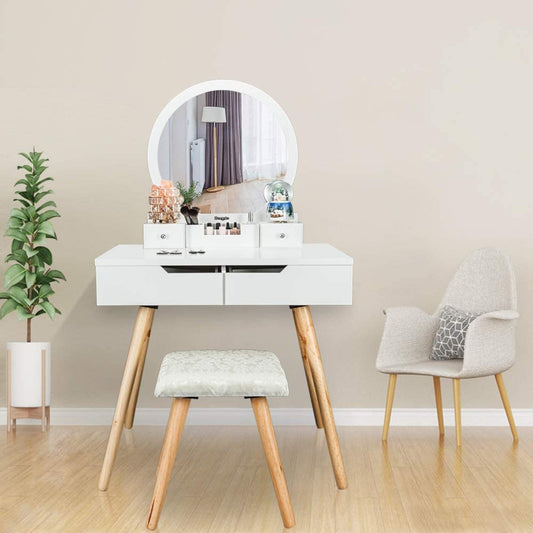 Vanity Dressing Table : Table Set with Round Mirror Dressing Table with Sliding Drawers & Cushioned Stool