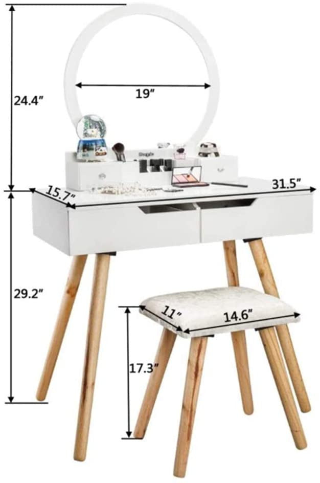 Vanity Dressing Table : Table Set with Round Mirror Dressing Table with Sliding Drawers & Cushioned Stool