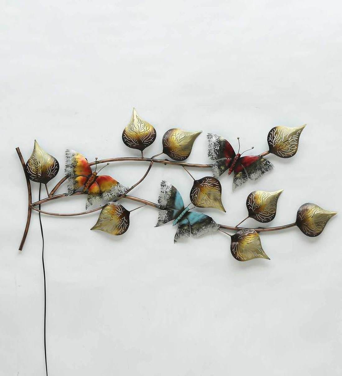 Wall Art: Iron Butterfly On Leaf Wall Art With LED In Brown