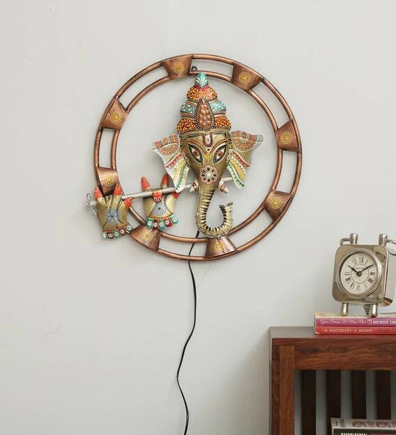 Wall Art : Iron Lord Ganesha Wall Art With LED In Multicolour