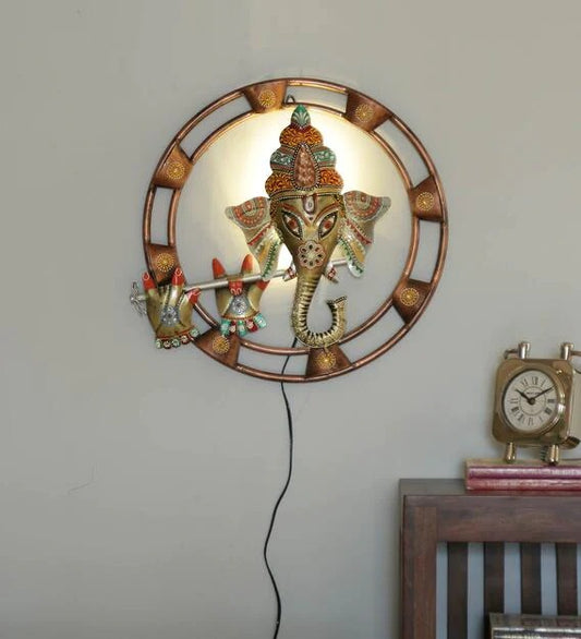 Wall Art : Iron Lord Ganesha Wall Art With LED In Multicolour