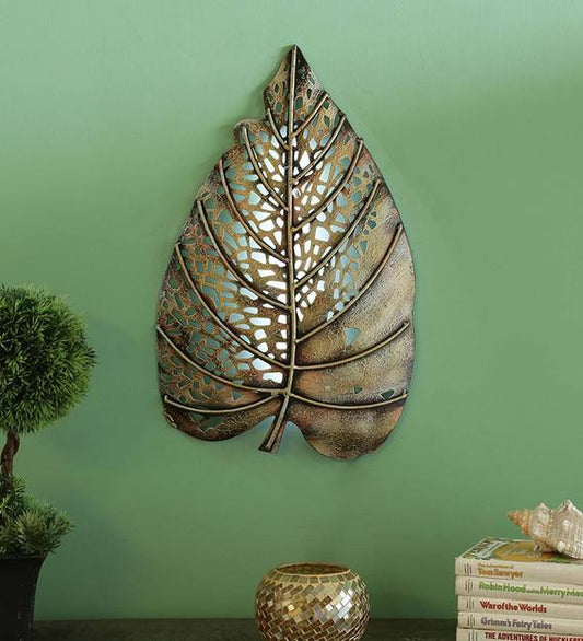 Wall Art: Iron Peepal Leaf Wall Art With LED In Copper