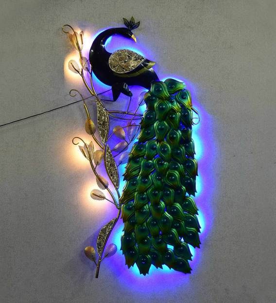 Wall Art Iron Peocock Wall Art With LED In Green