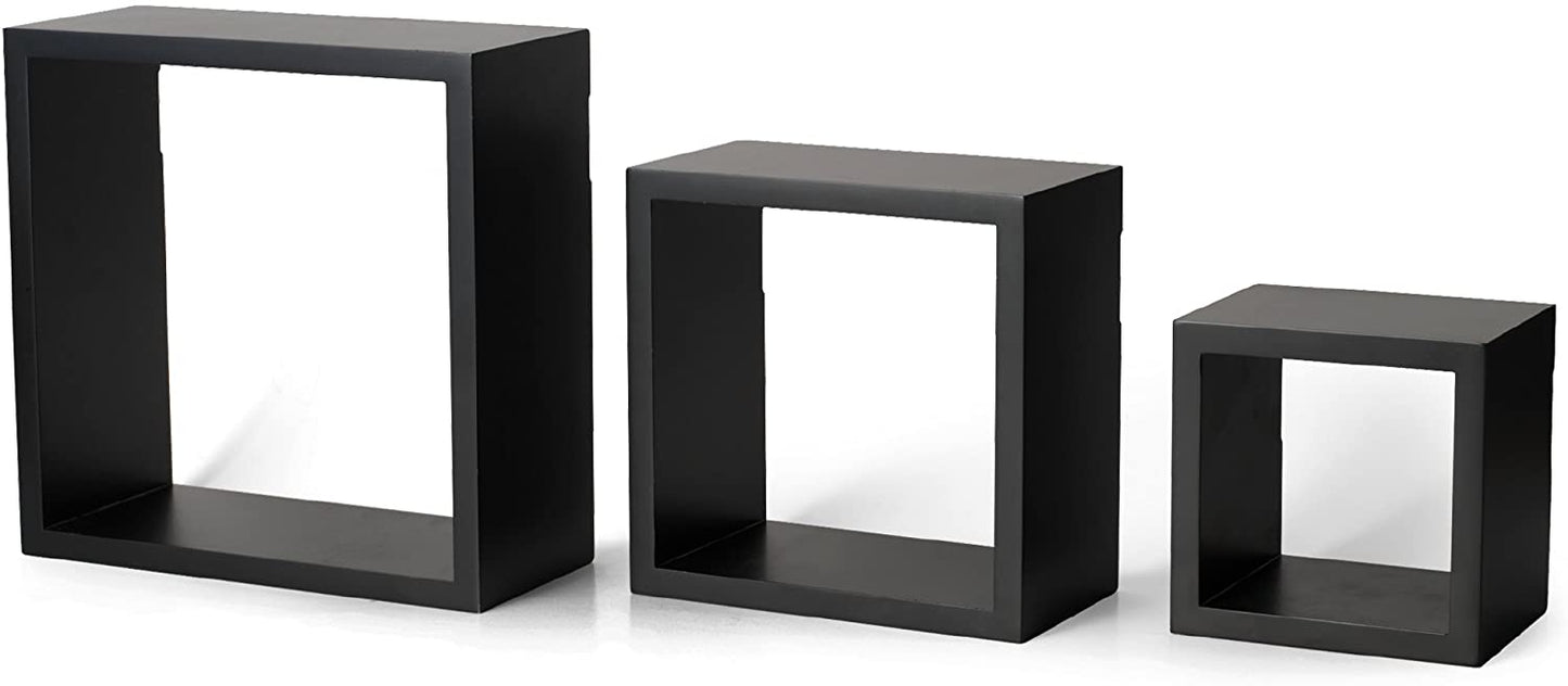 Wall Shelves Bedroom, Living Room, Bathroom, Kitchen - Wood, Set of 3, Black