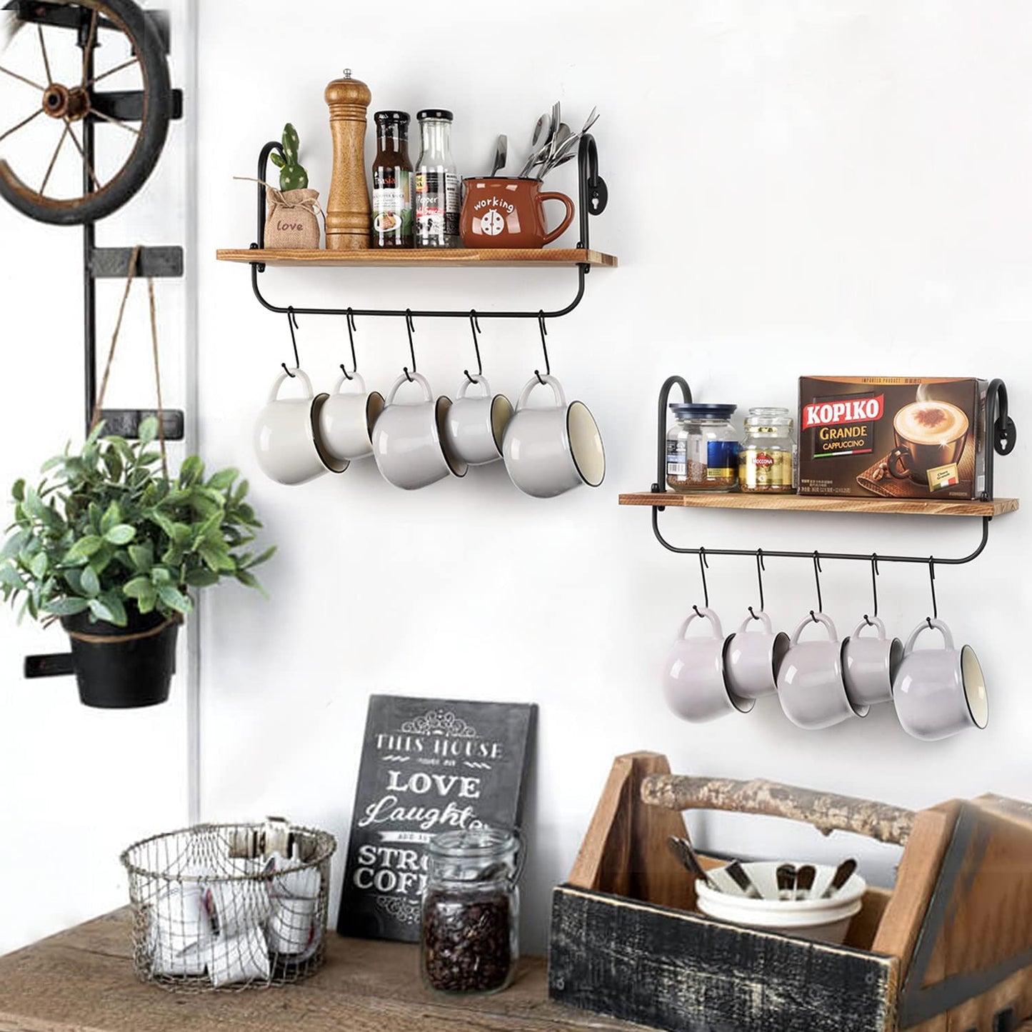 Wall Shelves Hooks for Mugs Cooking Utensils or Towel Rustic Storage Shelves Set of 2