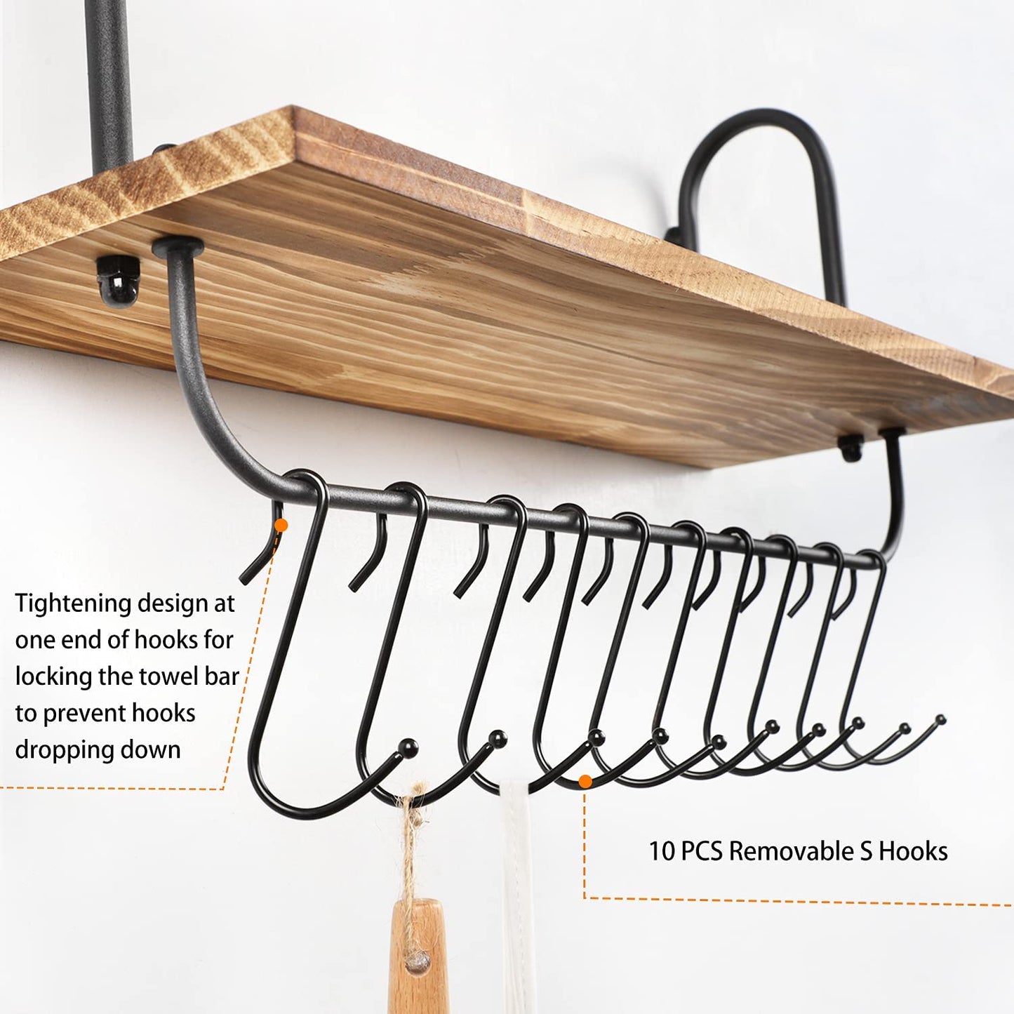 Wall Shelves Hooks for Mugs Cooking Utensils or Towel Rustic Storage Shelves Set of 2