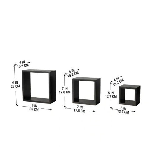 Wall Shelves Living Room, Bathroom, Kitchen - Wood, Set of 3, Black