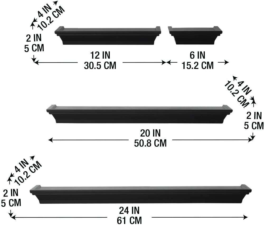 Wall Shelves: Living Room, Bathroom, Kitchen, Nursery, Set of 4, Black, 4 Count