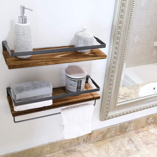 Wall Shelves Modern Shelving - Torched Cedar Wood, Black Silver Metal Frame - Set of 2